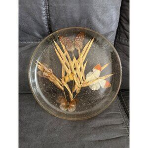 Vintage Lucite Decorative Plate With Dried Butterflies & Wheat Motif